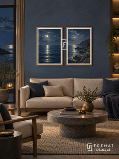 Moonlit Sea — set of two nature artworks in Wooden Texture frames.