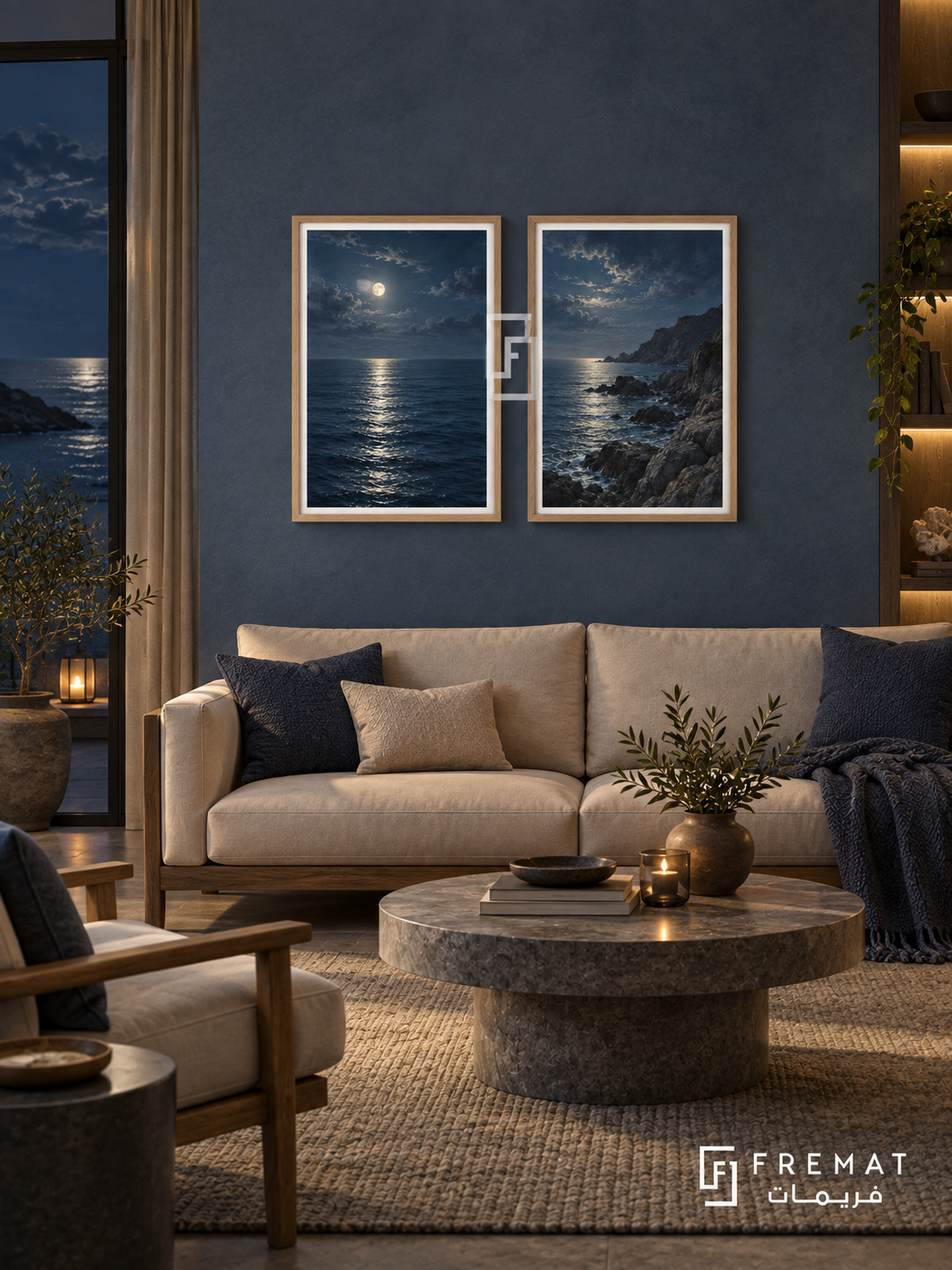 Moonlit Sea — set of two nature artworks in Wooden Texture frames.