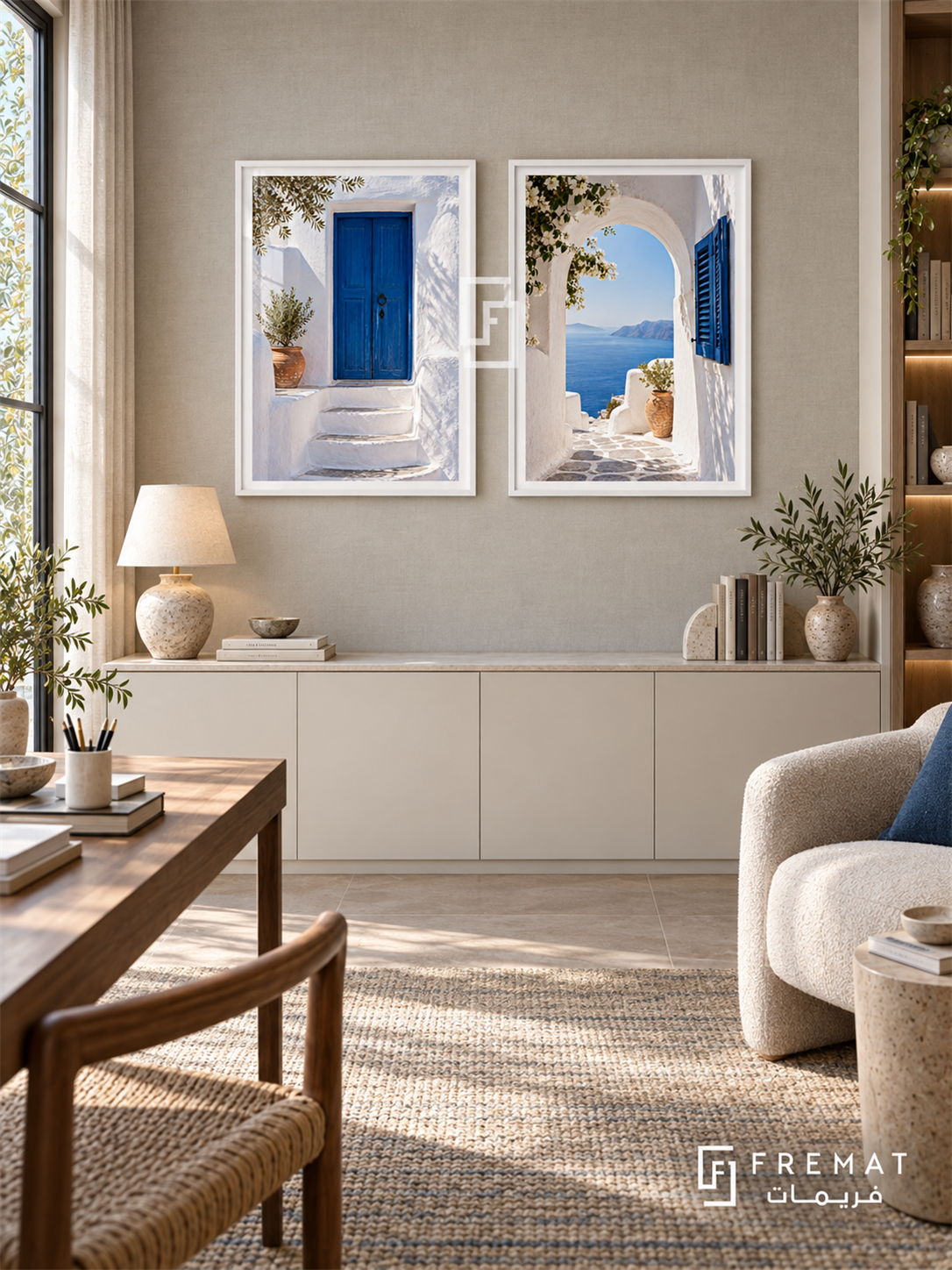Aegean Blue — set of two places artworks in White frames.