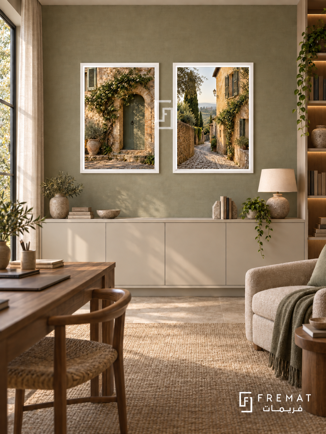 Tuscan Quiet — set of two places artworks in White frames.