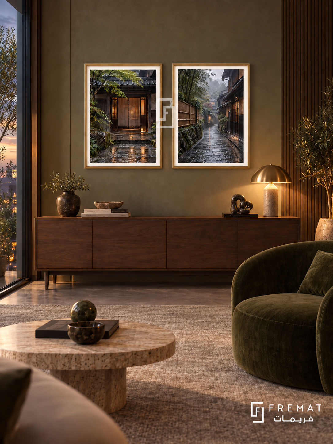 Kyoto Rain — set of two places artworks in Gold frames.