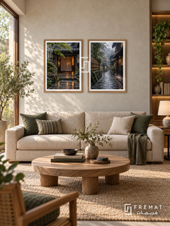 Kyoto Rain — set of two places artworks in Wooden Texture frames.