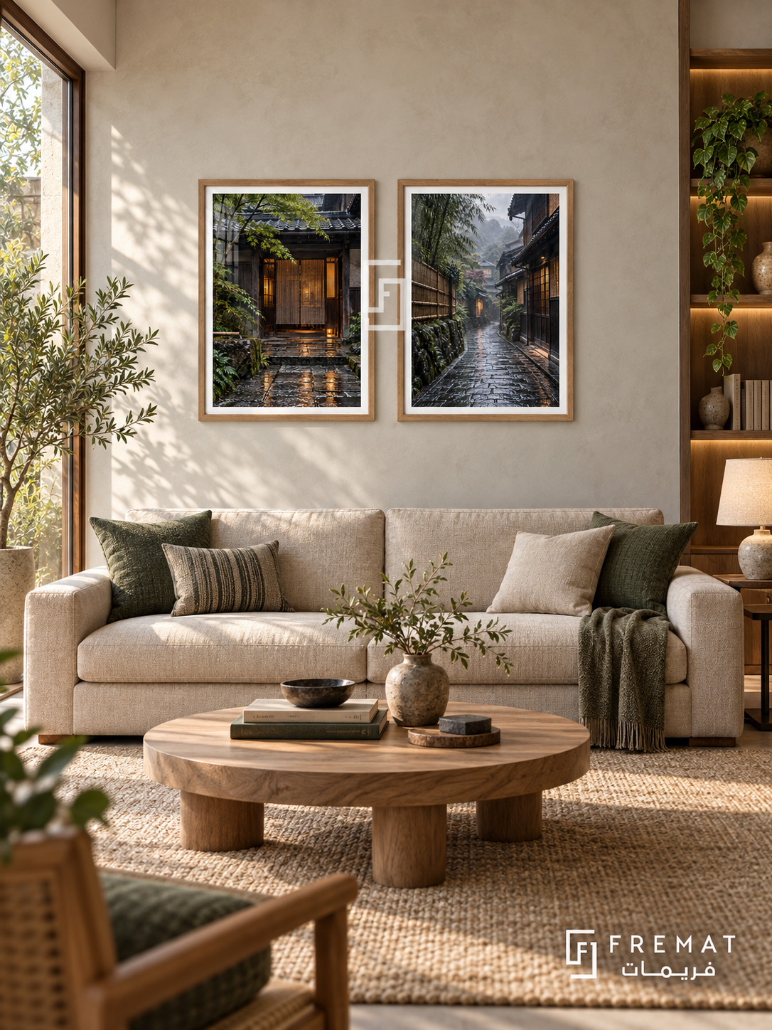 Kyoto Rain — set of two places artworks in Wooden Texture frames.