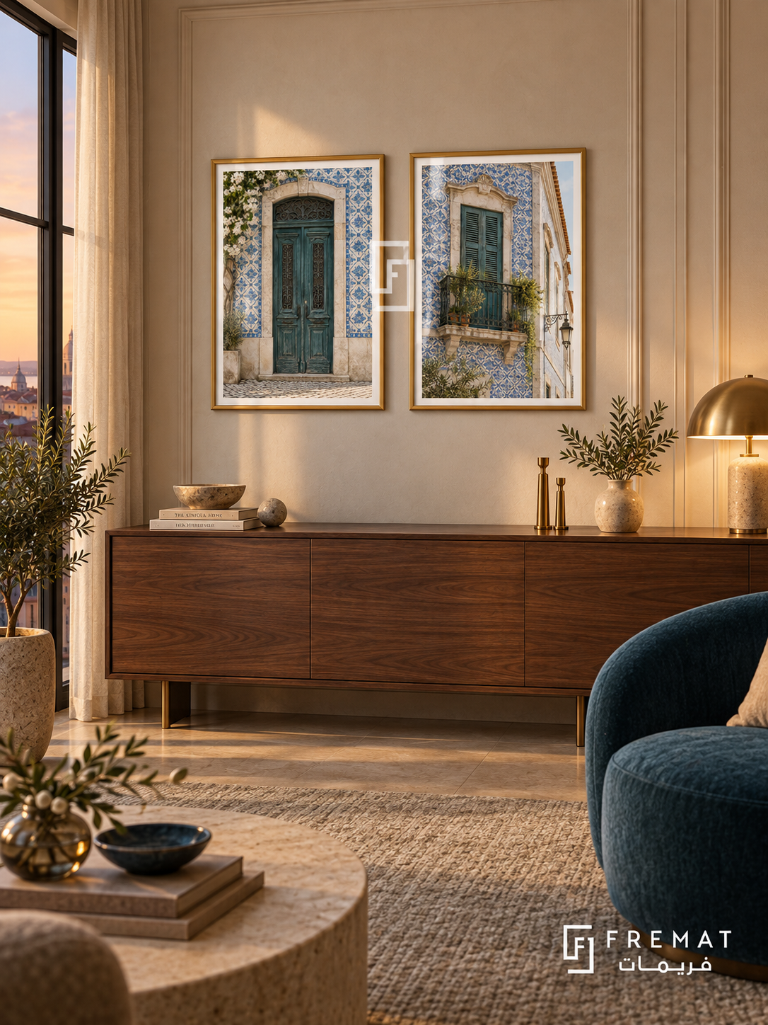 Lisbon Tiles — set of two places artworks in Gold frames.