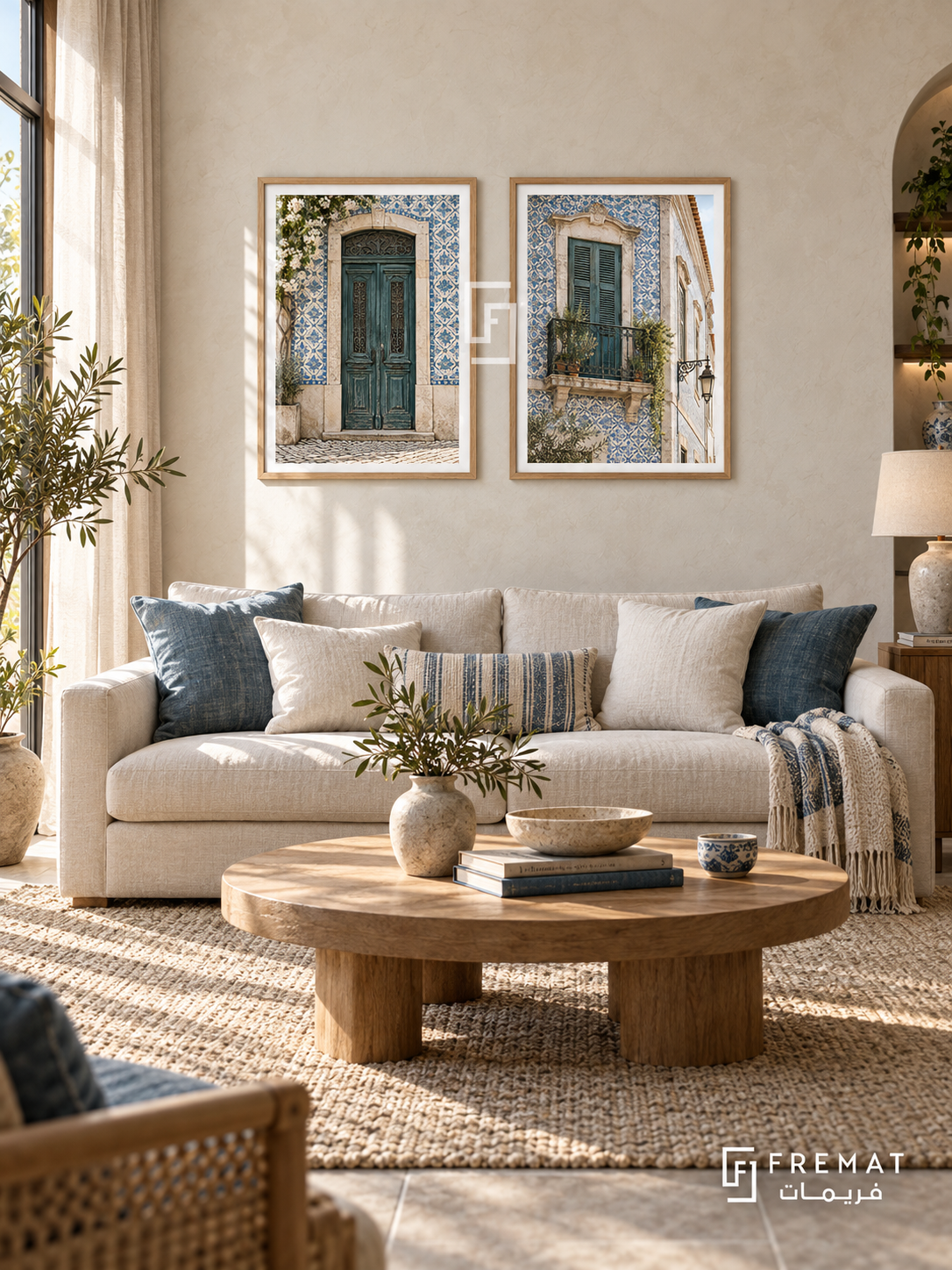 Lisbon Tiles — set of two places artworks in Wooden Texture frames.