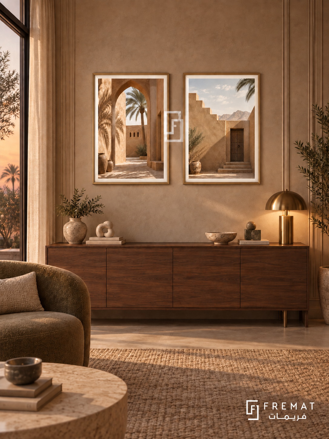 Desert Courtyard — set of two places artworks in Gold frames.