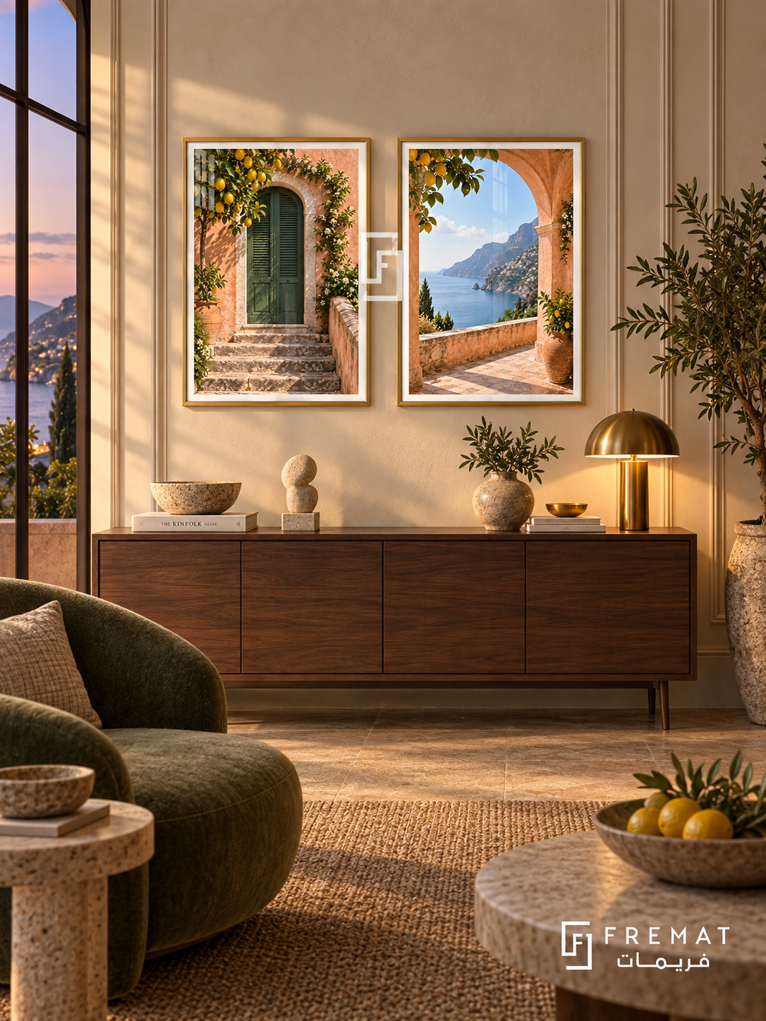 Amalfi Afternoon — set of two places artworks in Gold frames.