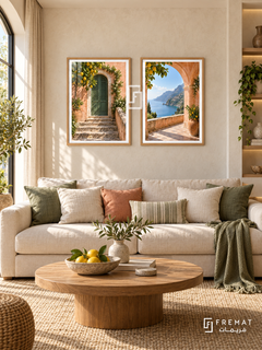 Amalfi Afternoon — set of two places artworks in Wooden Texture frames.