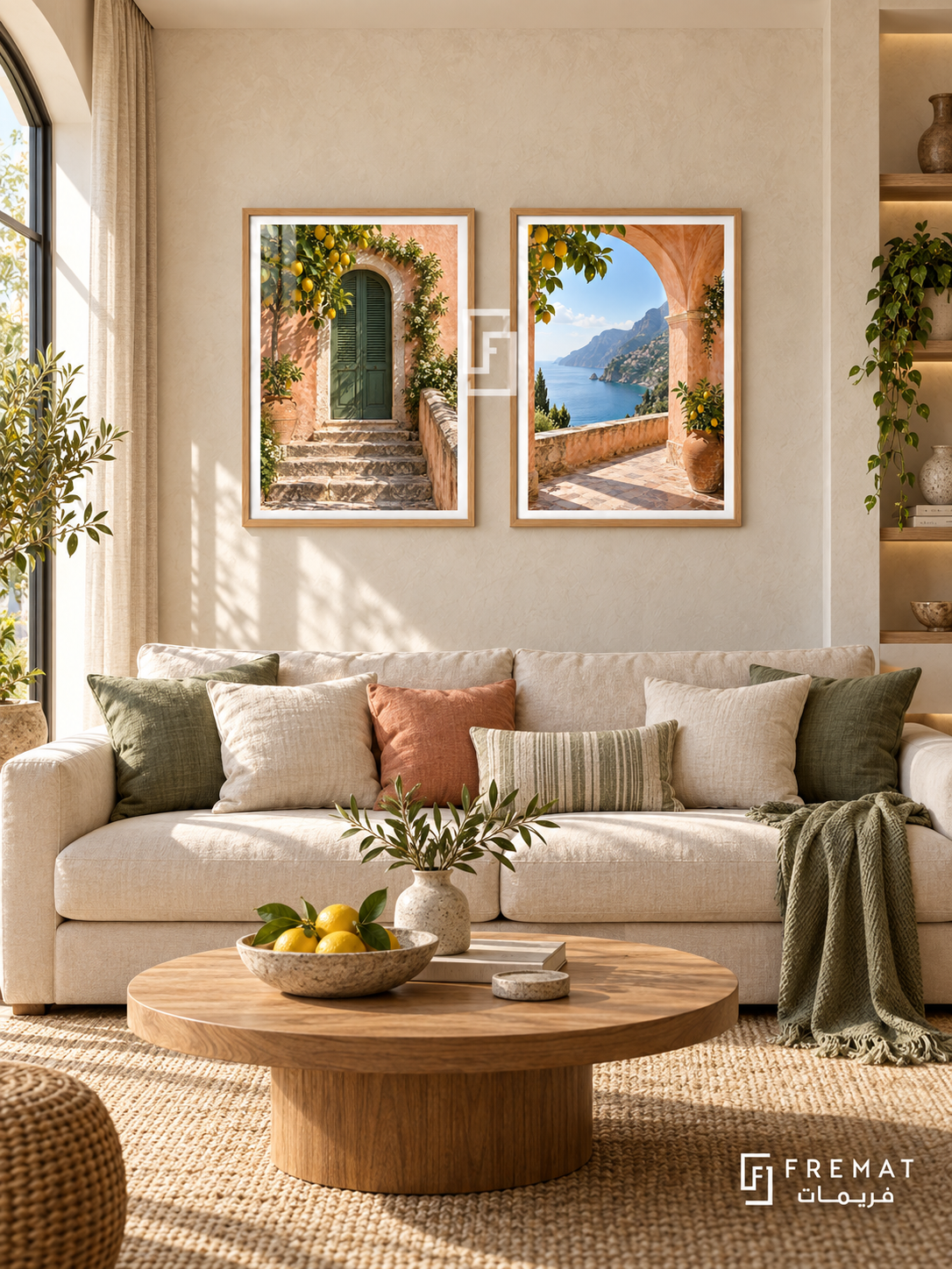 Amalfi Afternoon — set of two places artworks in Wooden Texture frames.