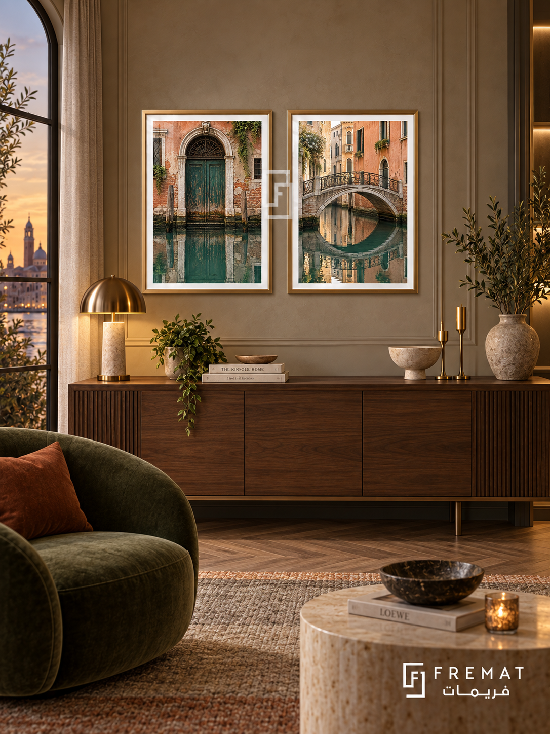 Venetian Reflection — set of two places artworks in Gold frames.