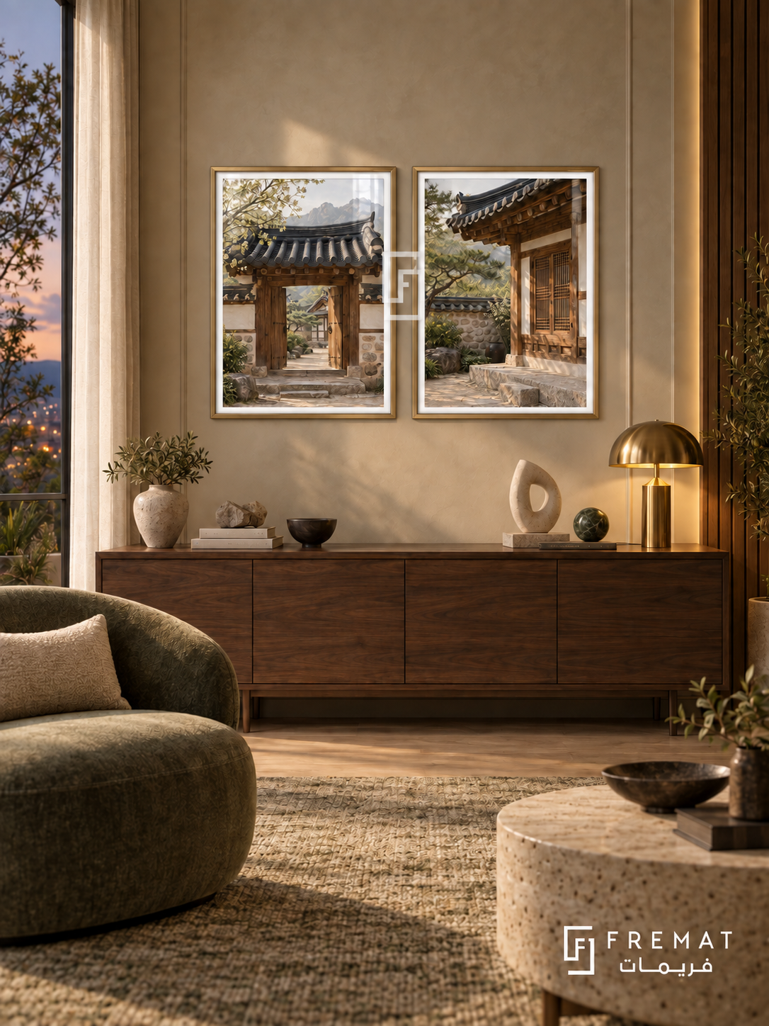 Seoul Hanok — set of two places artworks in Gold frames.