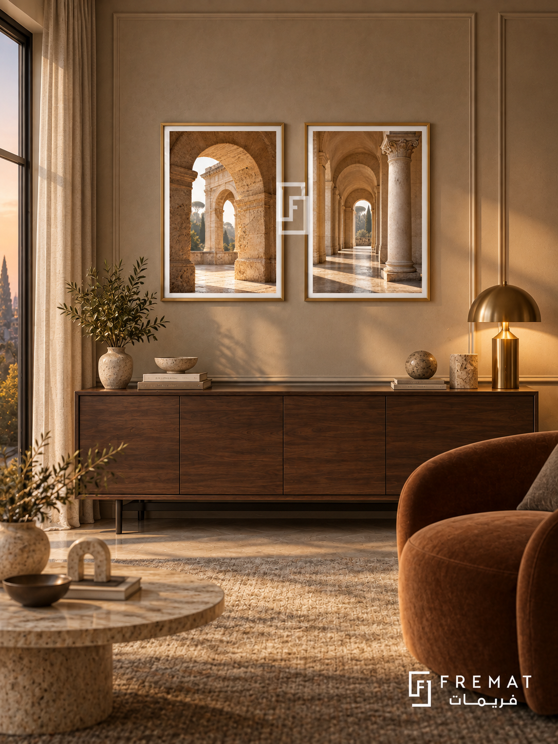 Roman Arches — set of two places artworks in Gold frames.