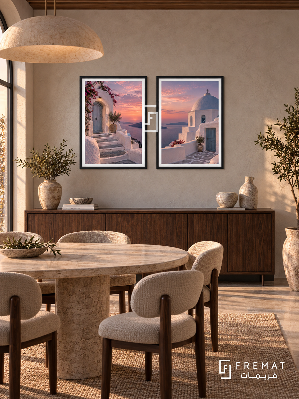 Santorini Dusk — set of two places artworks in Black frames.