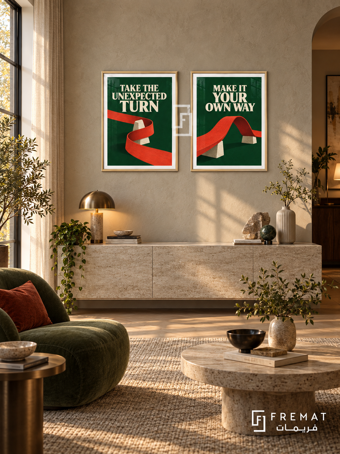 Detour — set of two quotes artworks in Gold frames.