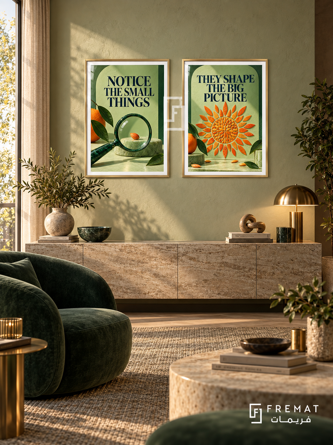 Attention — set of two quotes artworks in Gold frames.