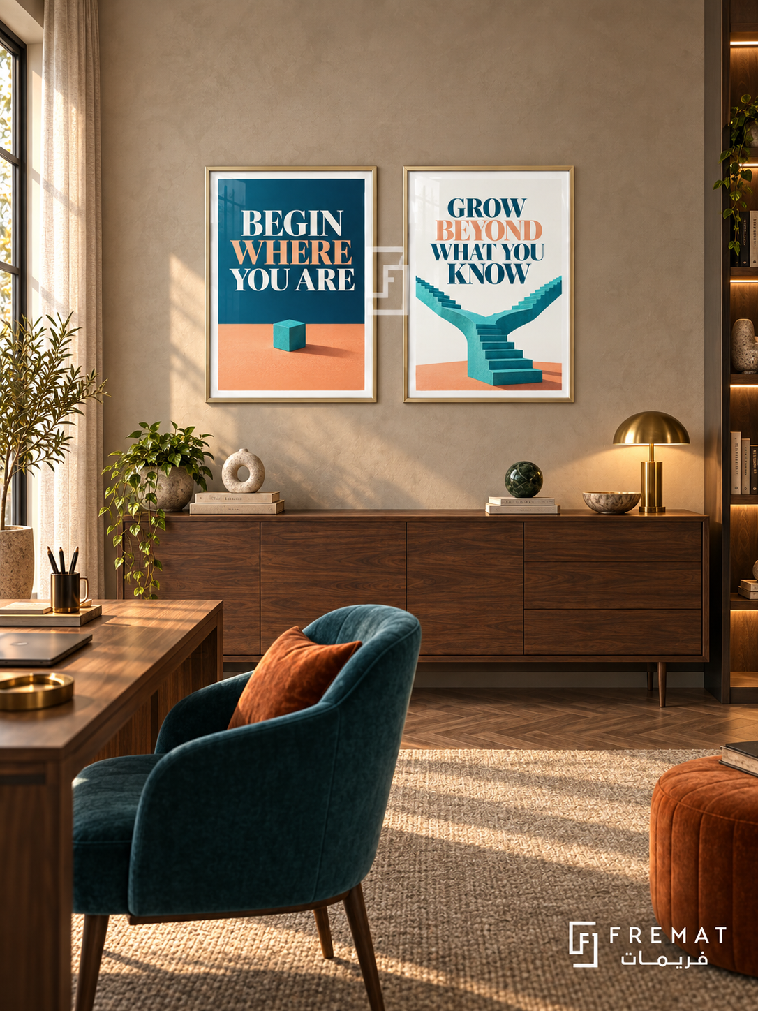 Beginning — set of two quotes artworks in Gold frames.
