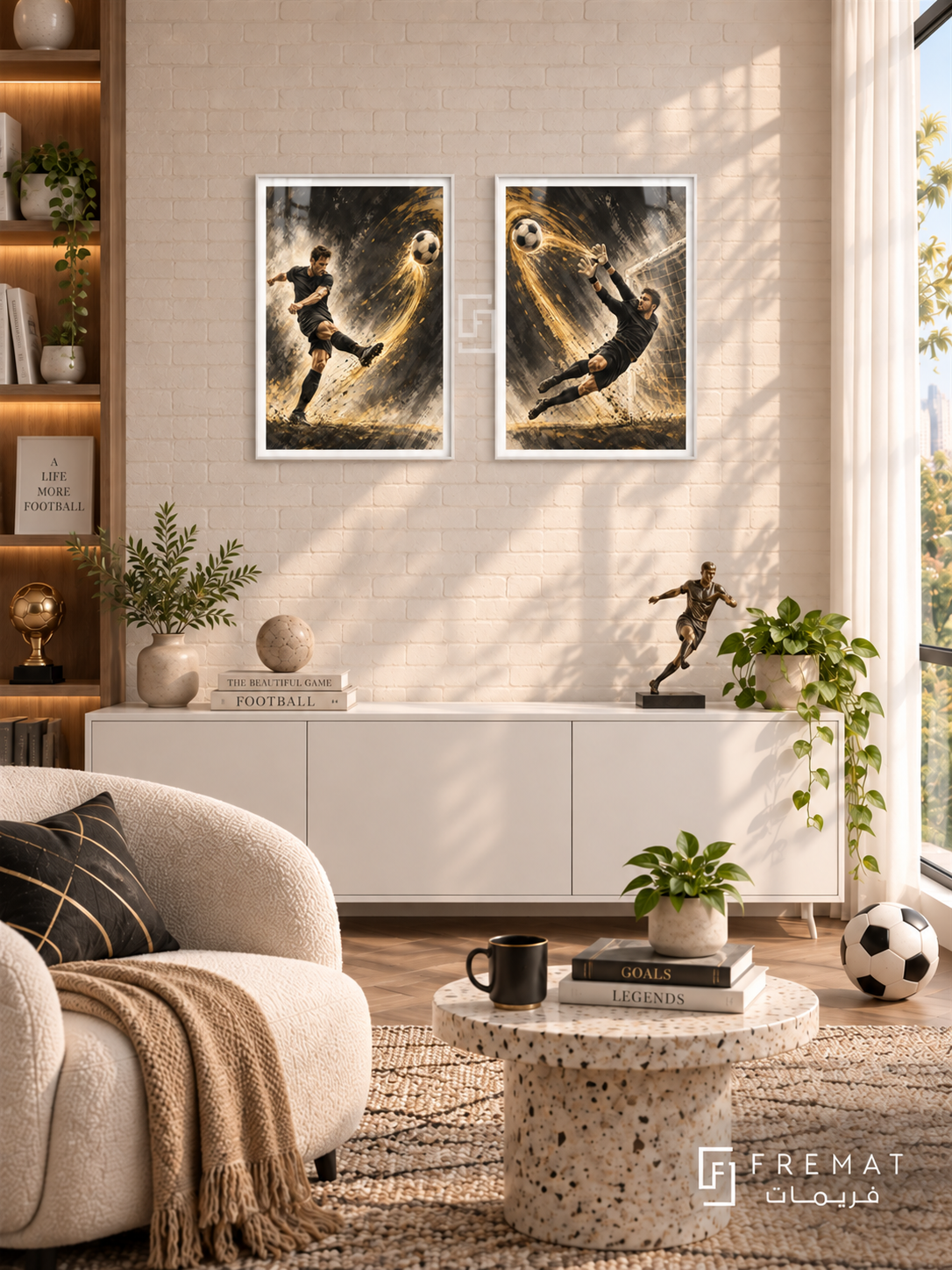 Football — set of two sport artworks in White frames.