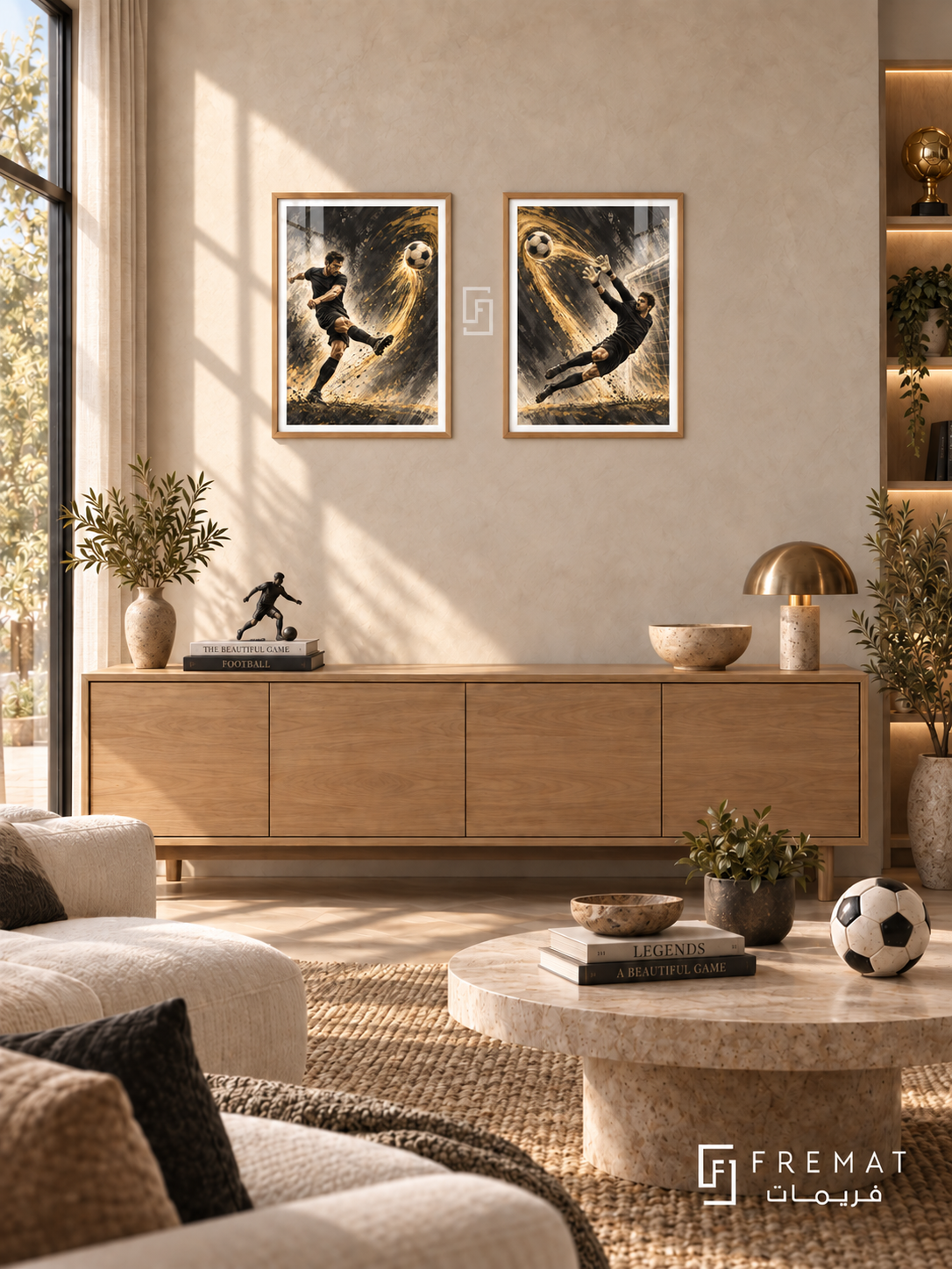 Football — set of two sport artworks in Wooden Texture frames.