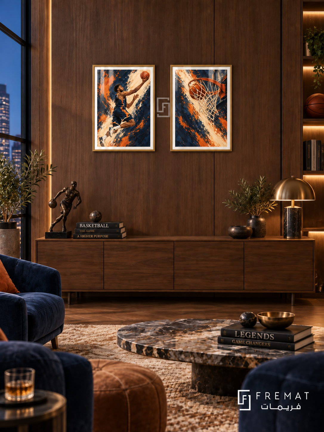 Basketball — set of two sport artworks in Gold frames.