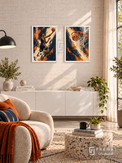 Basketball — set of two sport artworks in White frames.