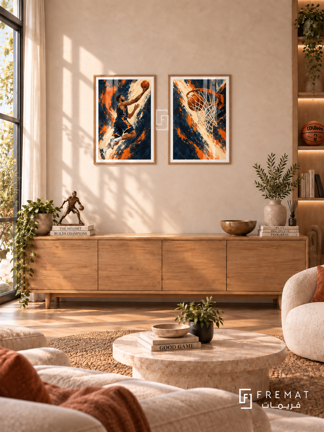 Basketball — set of two sport artworks in Wooden Texture frames.