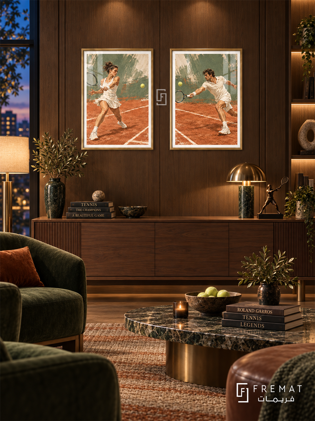 Tennis — set of two sport artworks in Gold frames.