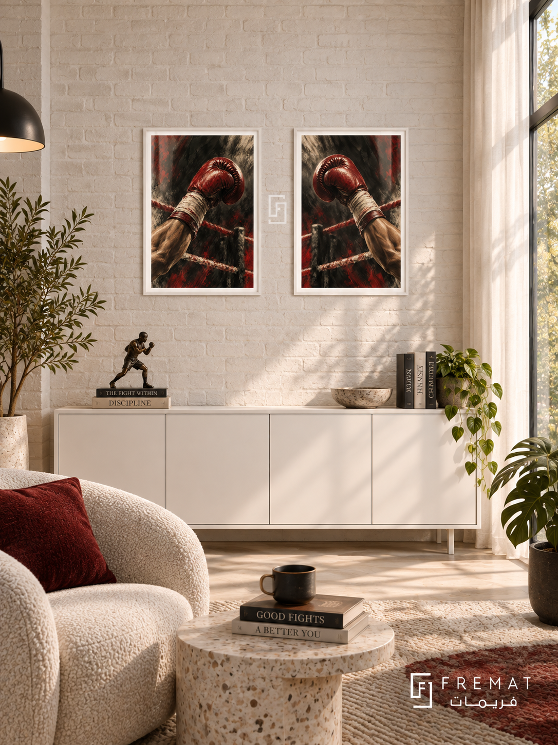 Boxing — set of two sport artworks in White frames.