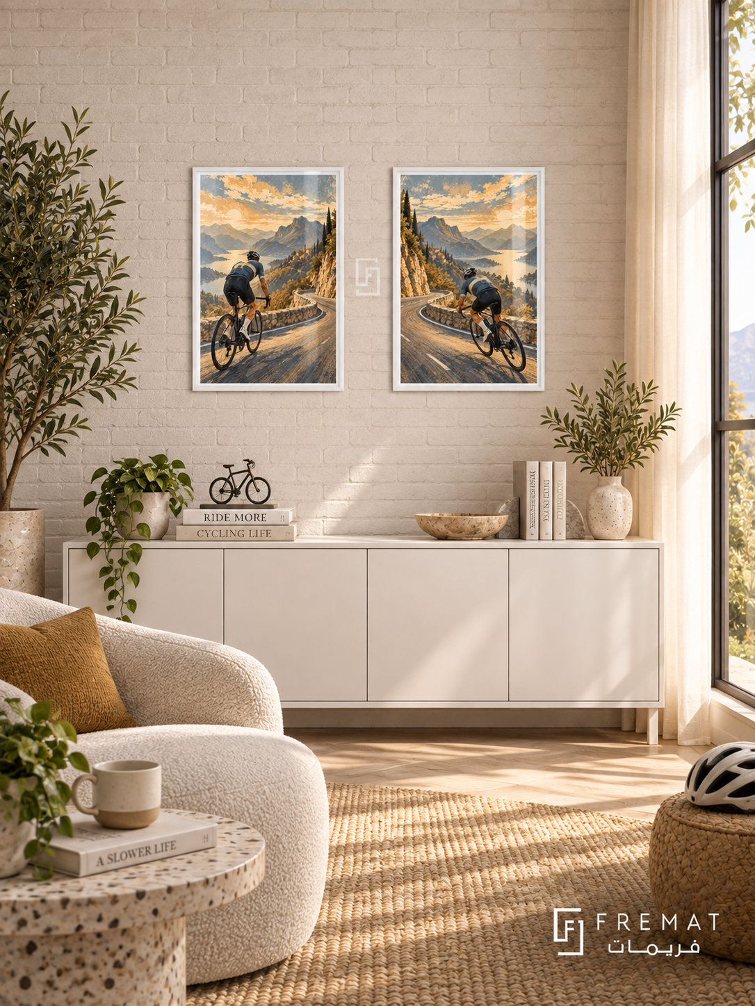 Cycling — set of two sport artworks in White frames.
