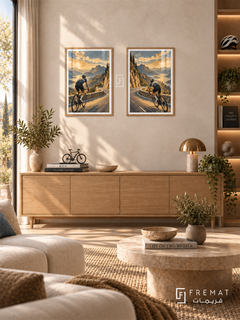 Cycling — set of two sport artworks in Wooden Texture frames.