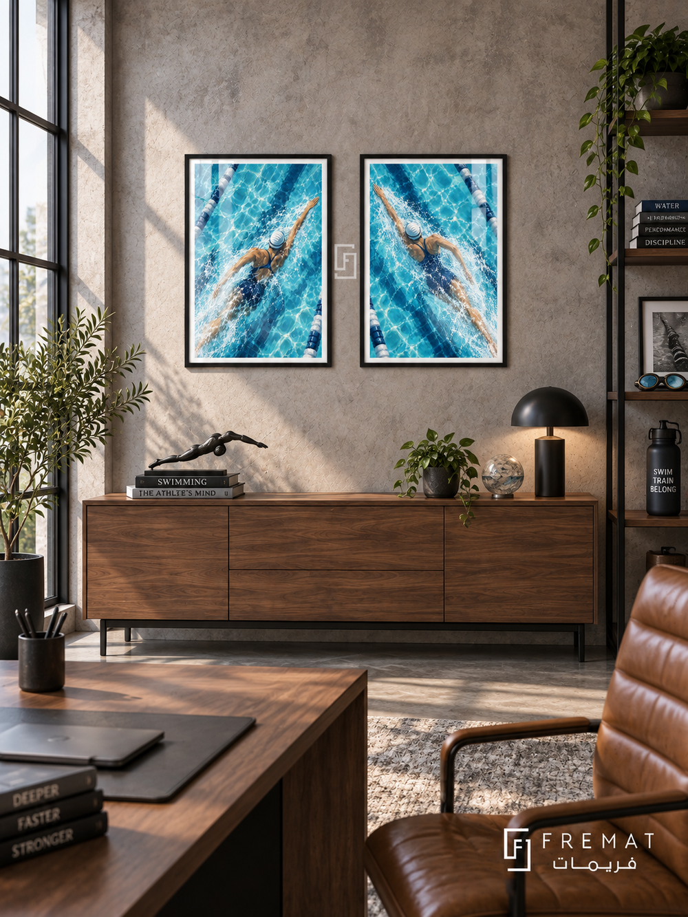 Swimming — set of two sport artworks in Black frames.