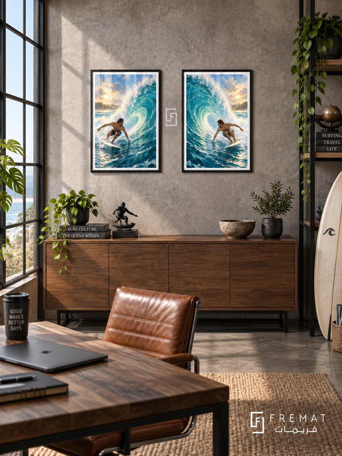 Surfing — set of two sport artworks in Black frames.