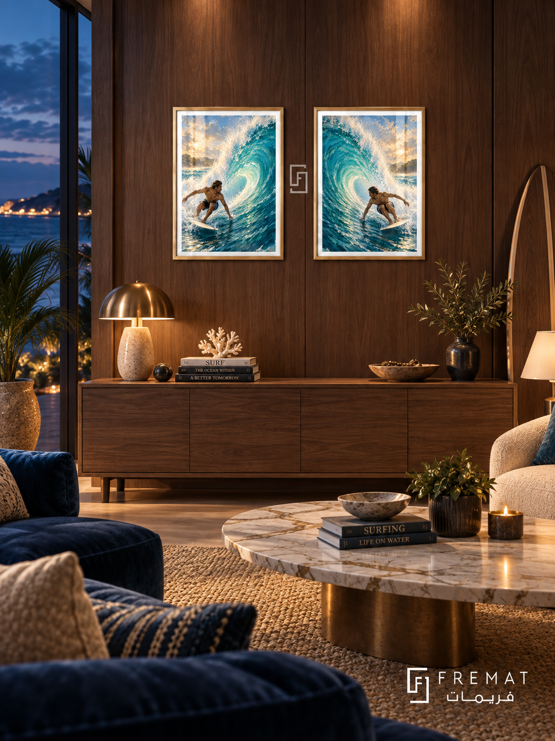 Surfing — set of two sport artworks in Gold frames.