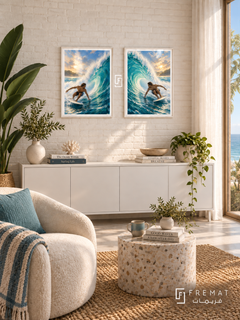Surfing — set of two sport artworks in White frames.
