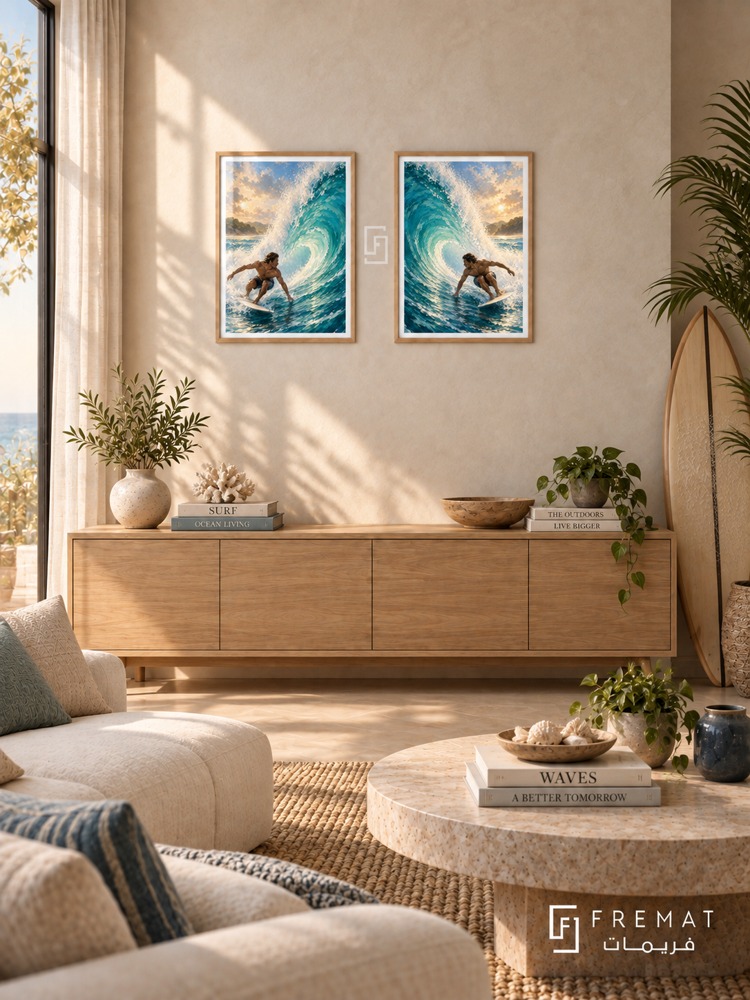 Surfing — set of two sport artworks in Wooden Texture frames.
