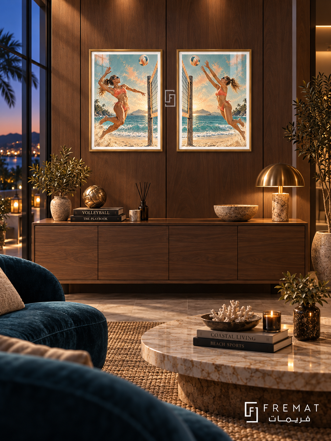 Volleyball — set of two sport artworks in Gold frames.