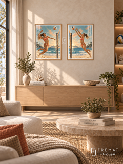 Volleyball — set of two sport artworks in Wooden Texture frames.