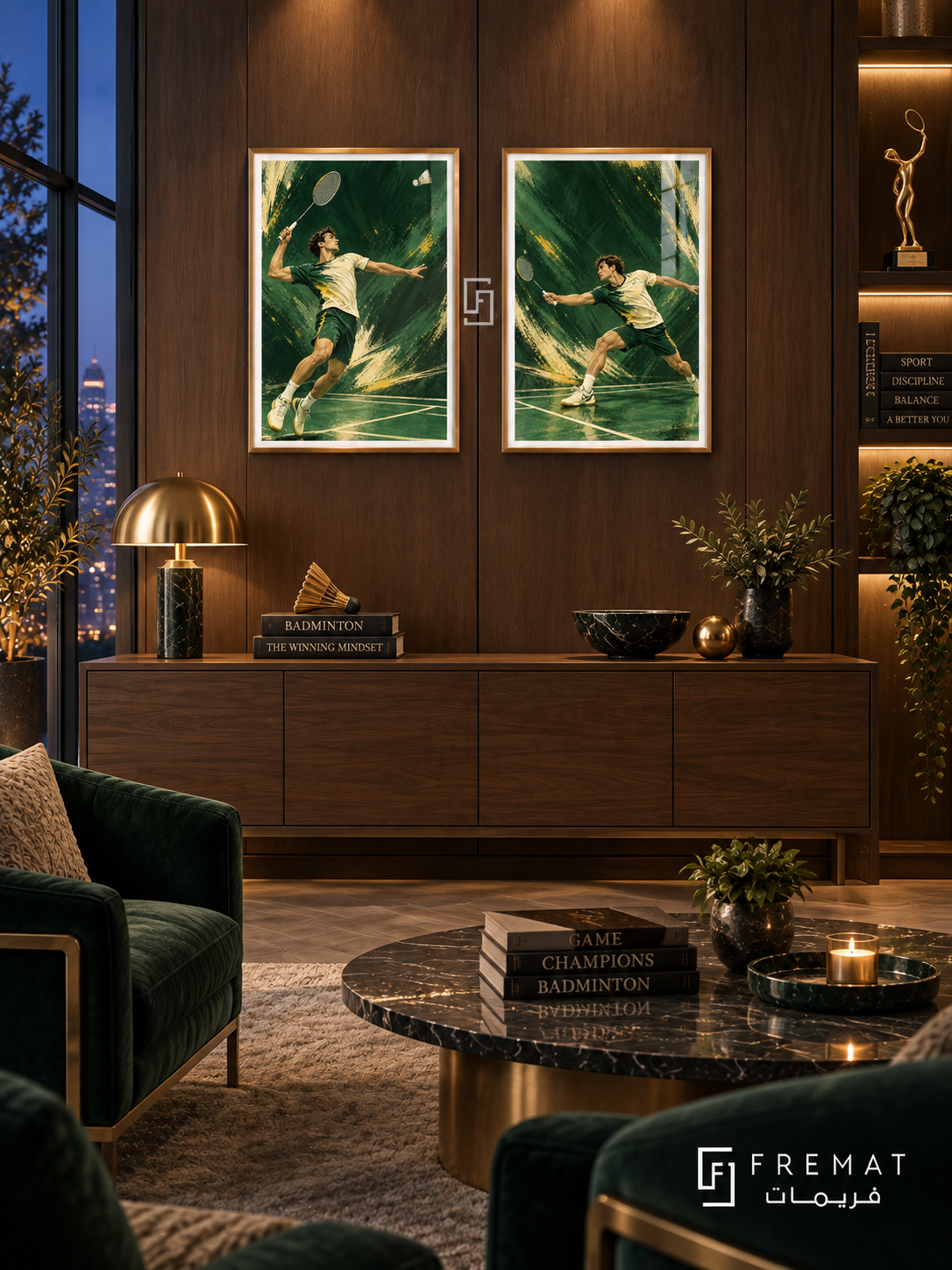 Badminton — set of two sport artworks in Gold frames.