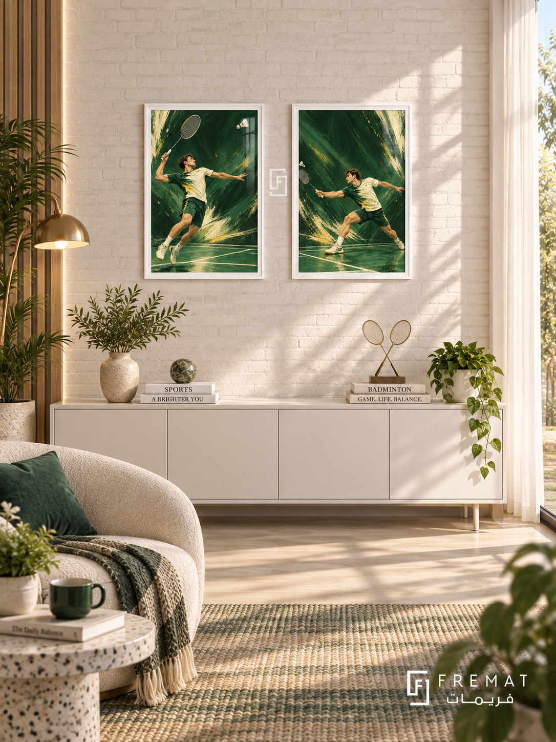 Badminton — set of two sport artworks in White frames.