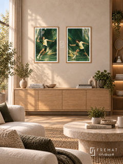 Badminton — set of two sport artworks in Wooden Texture frames.