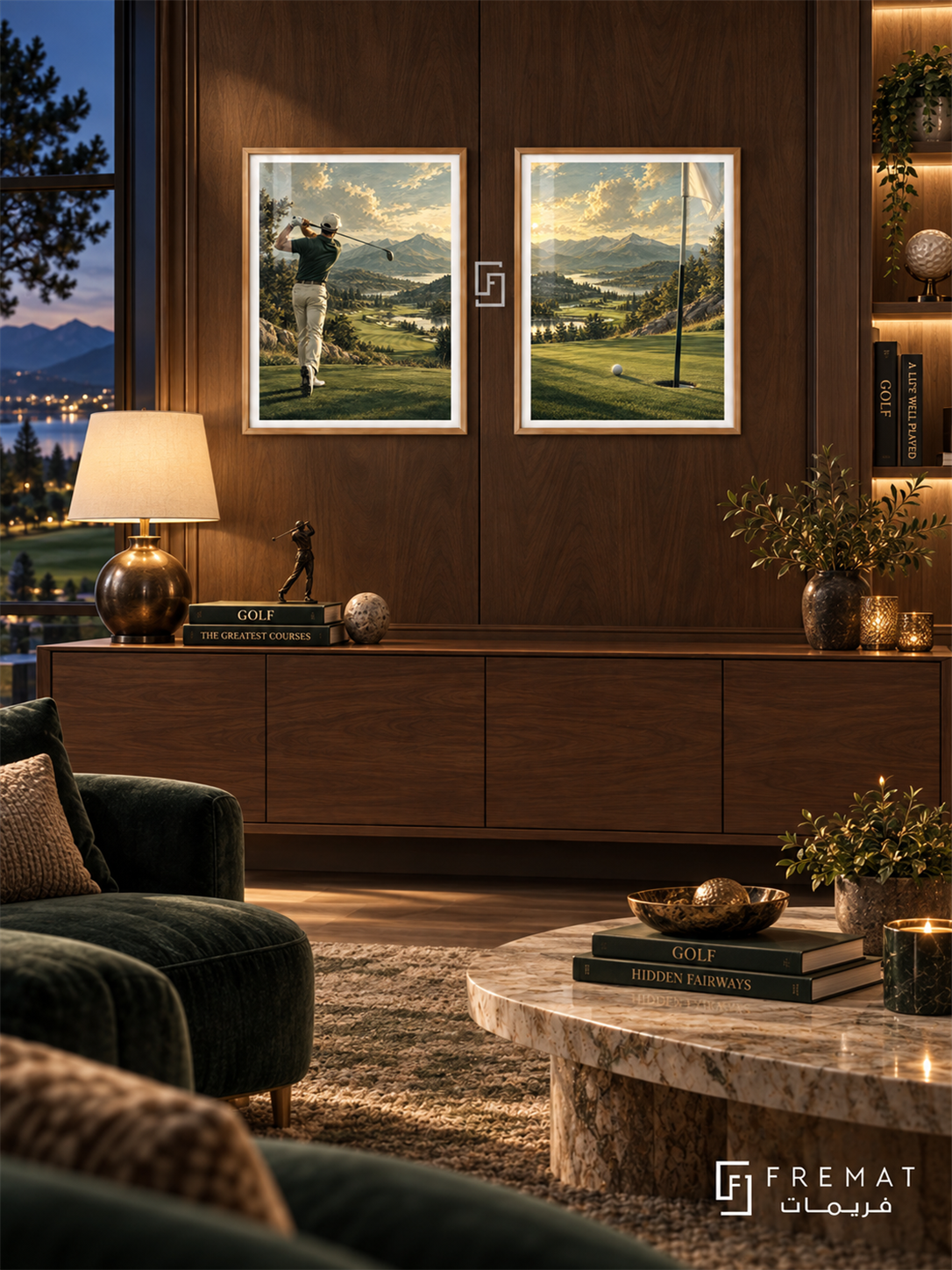 Golf — set of two sport artworks in Gold frames.