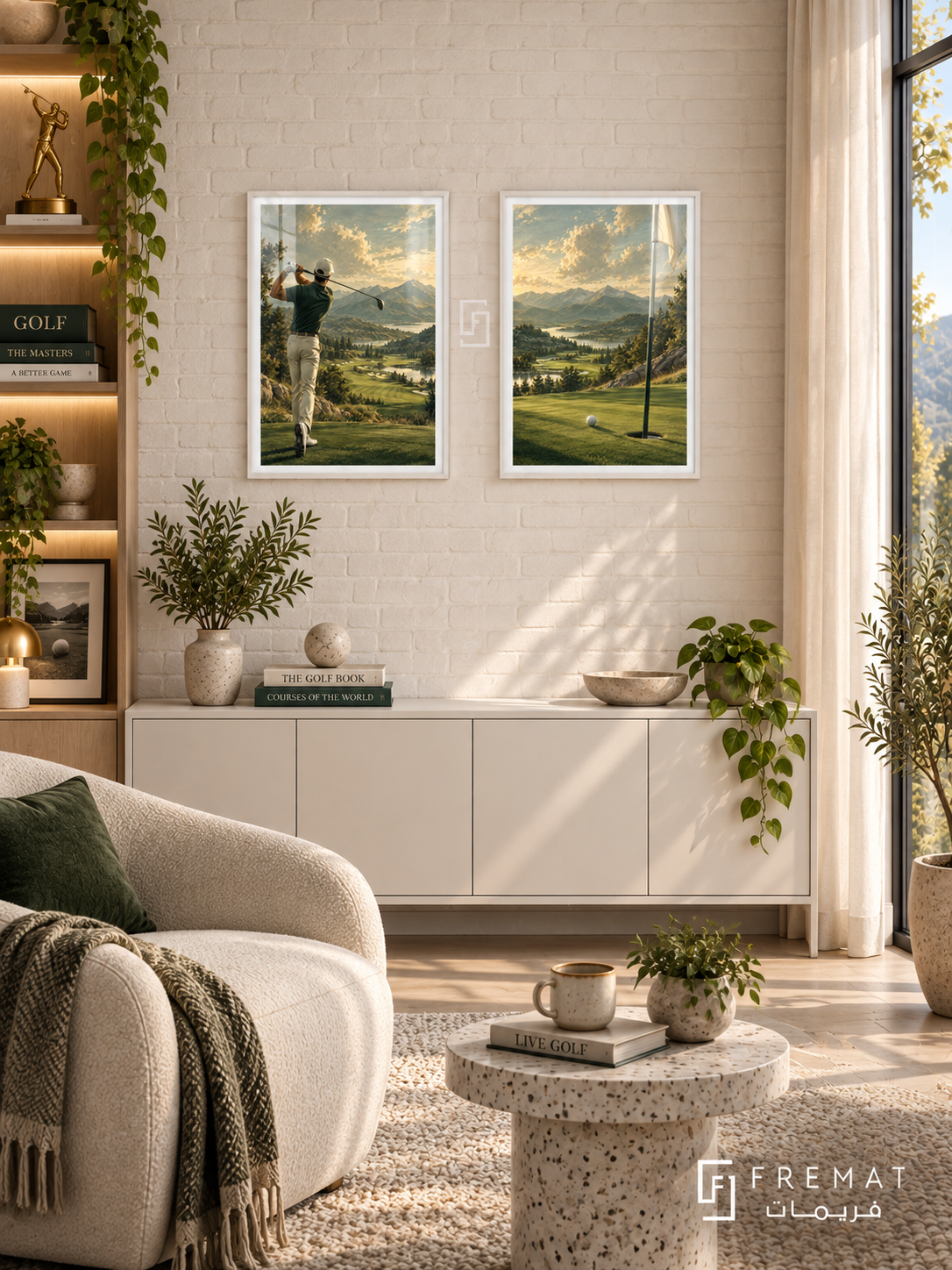 Golf — set of two sport artworks in White frames.