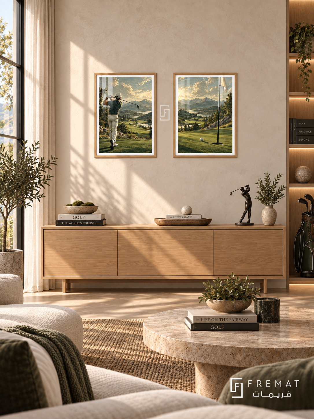 Golf — set of two sport artworks in Wooden Texture frames.