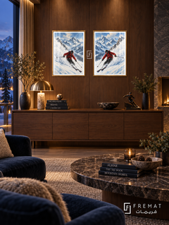 Skiing — set of two sport artworks in Gold frames.
