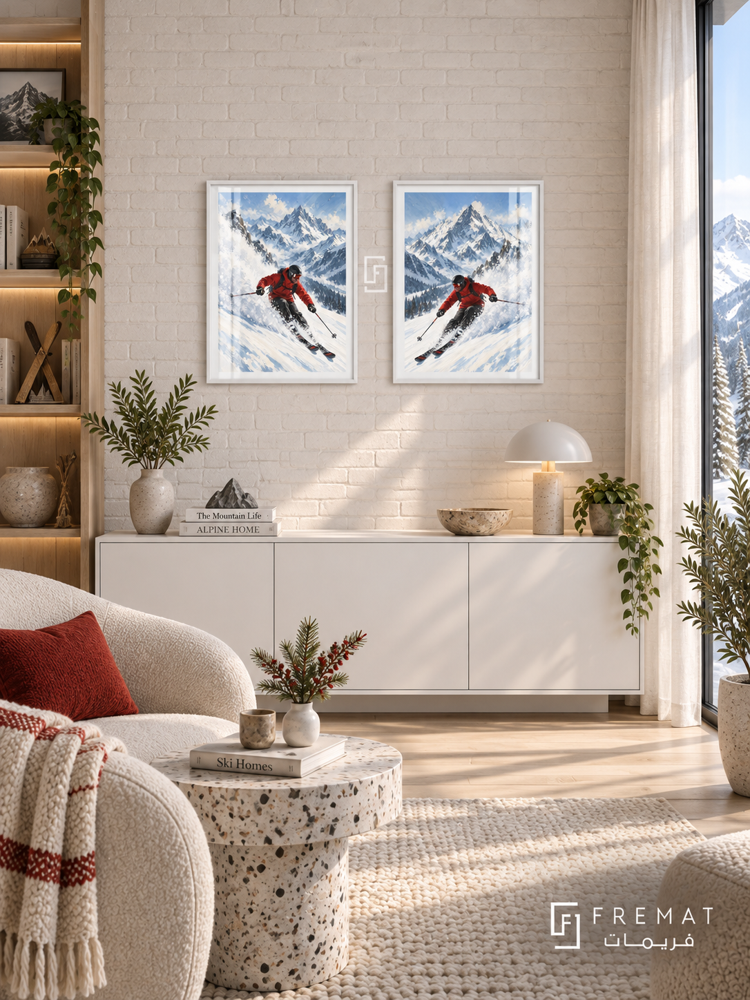Skiing — set of two sport artworks in White frames.