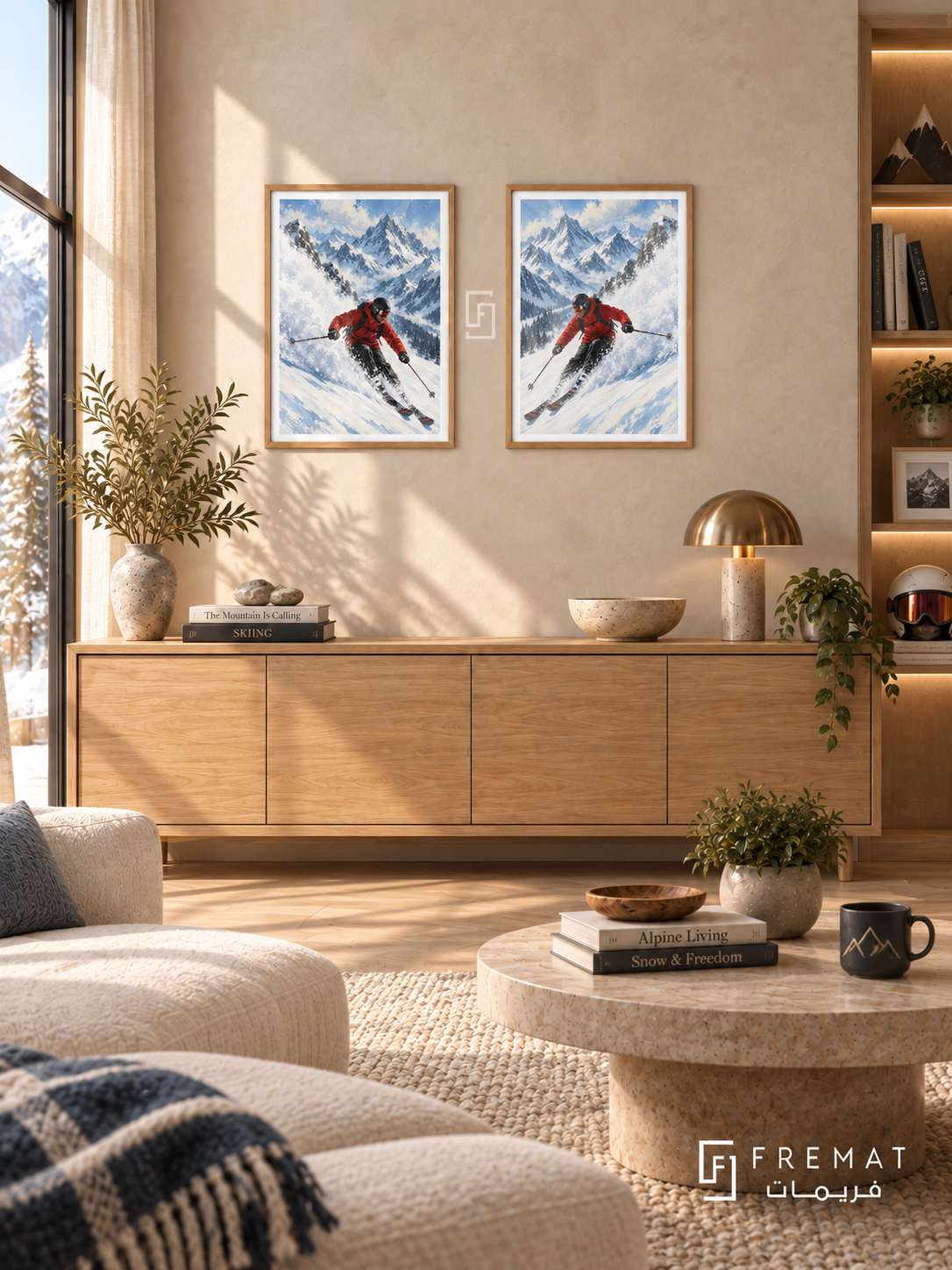 Skiing — set of two sport artworks in Wooden Texture frames.