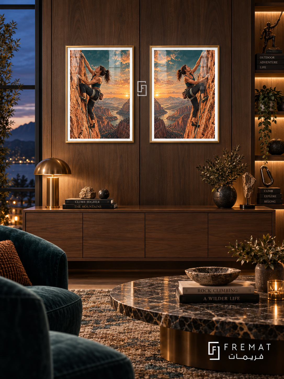 Climbing — set of two sport artworks in Gold frames.