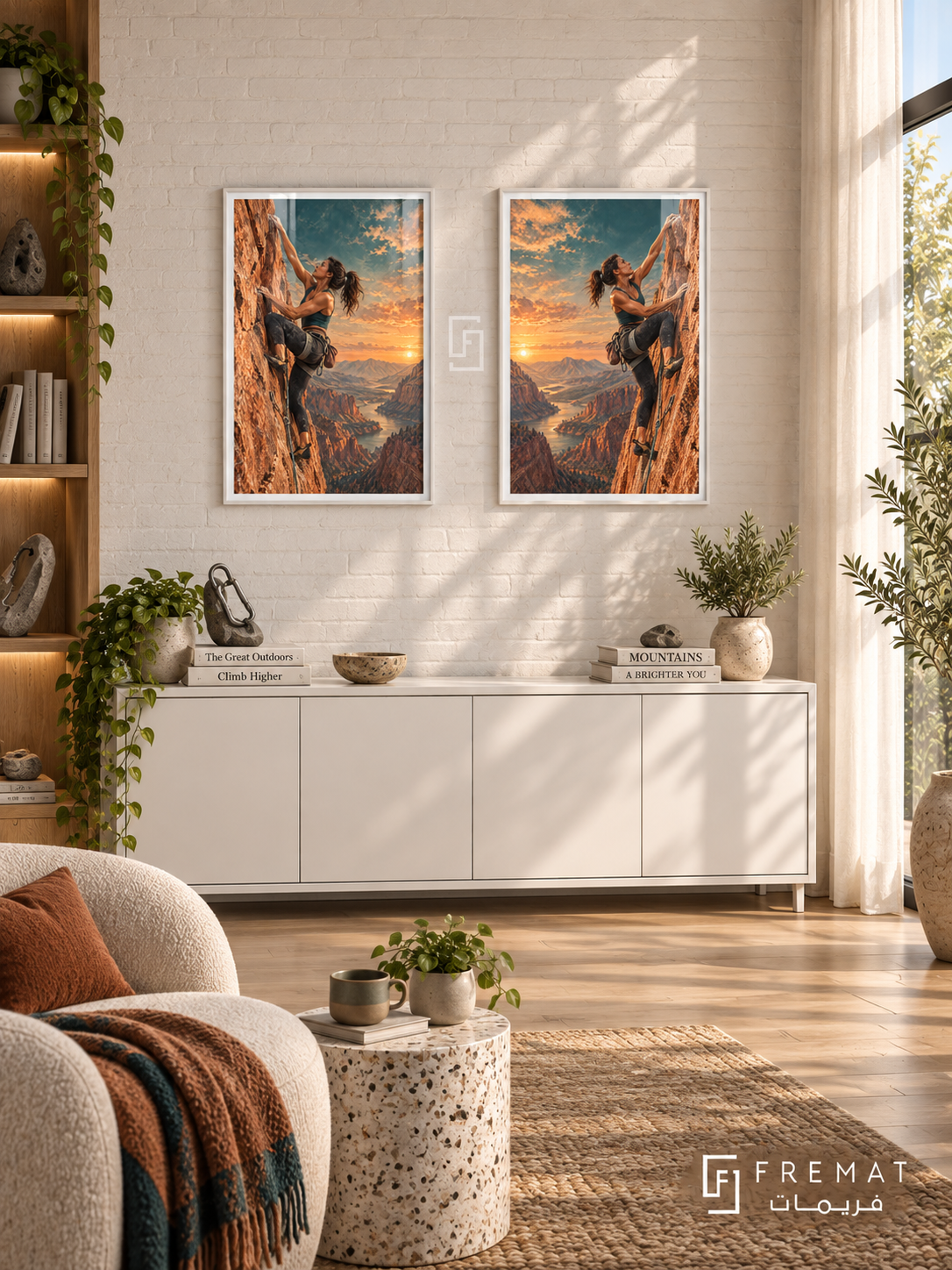 Climbing — set of two sport artworks in White frames.