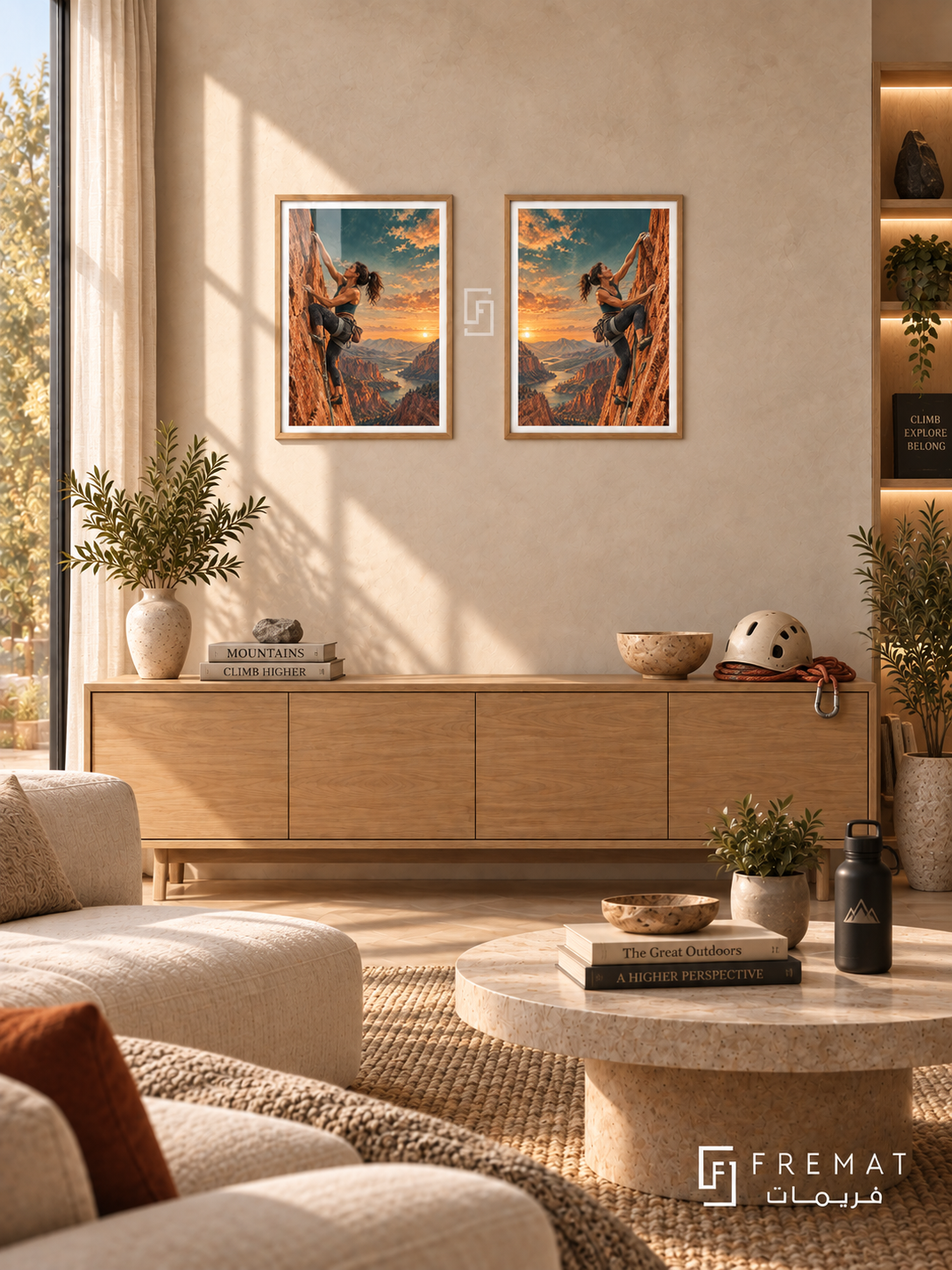 Climbing — set of two sport artworks in Wooden Texture frames.
