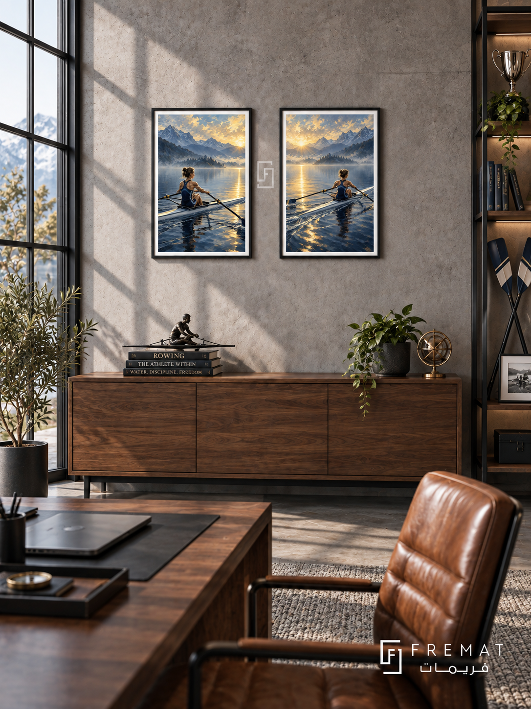 Rowing — set of two sport artworks in Black frames.