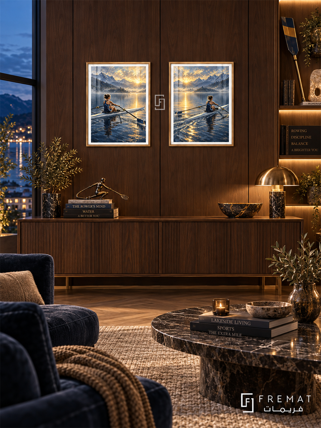 Rowing — set of two sport artworks in Gold frames.